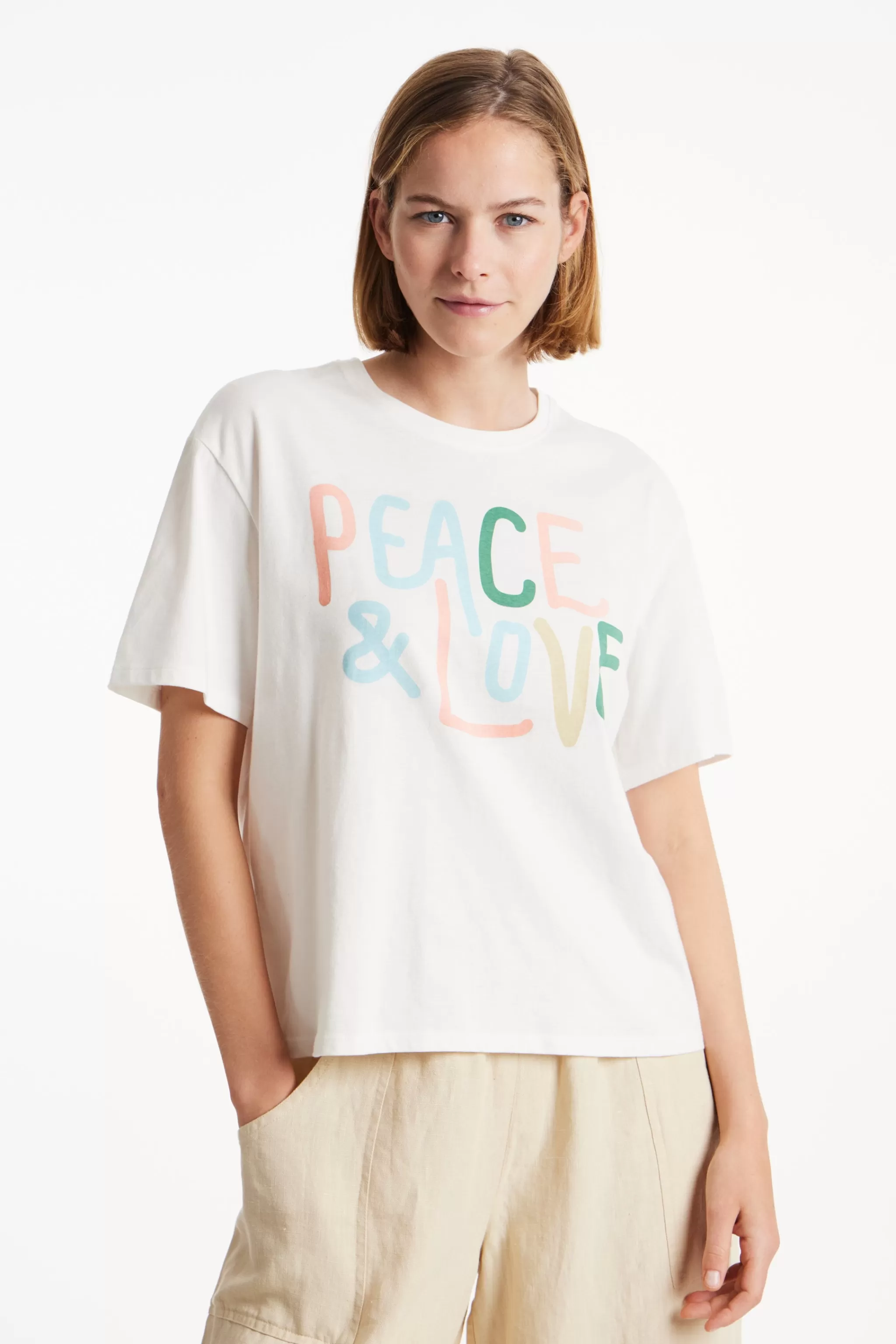 People Tree Tops^Peace & Love Print Tee In Eco White